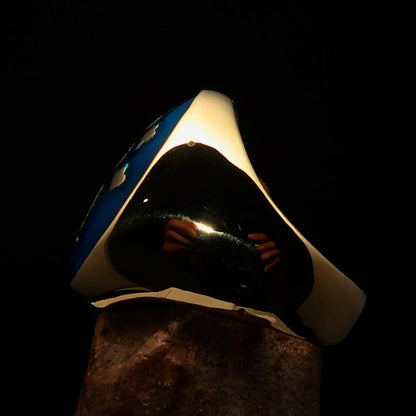 Excellent crafted oval domed Men's blue Cross Lorraine Ring - solid